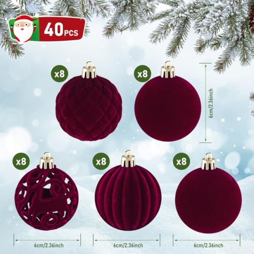 40PCS Velvet Christmas Ornaments Set - Burgundy Holiday Tree Decorations