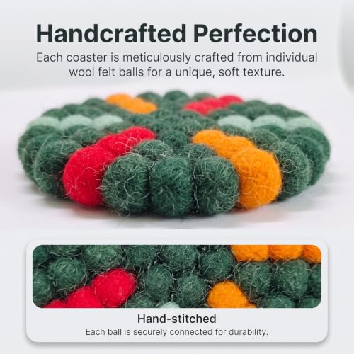 Christmas Tree Wool Felt Coasters Set with Holder - 5 Pack, Handmade