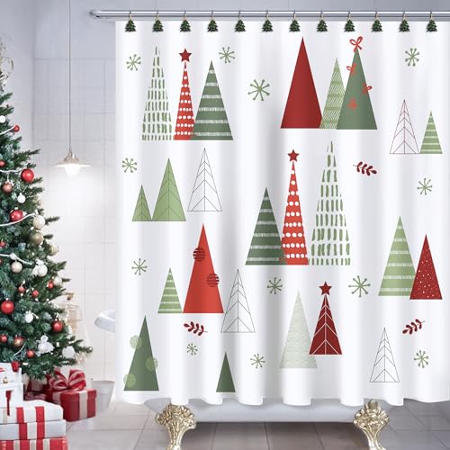Sunlit Geometric Christmas Tree Shower Curtain, 71x71 Inch Red/Green Xmas Bath