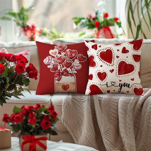 Valentine's Day Love Heart Polka Dot Pillow Covers 18x18, Set of 4