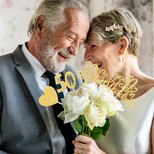 50th Anniversary Centerpiece Sticks - 12 Pcs Double-Sided Glitter Hearts