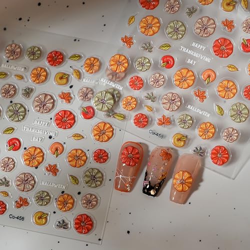 5D Jelly Embossed Fall Nail Stickers Colorful Pumpkin Autumn Decals