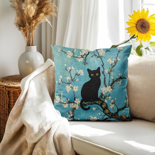 Van Gogh Almond Blossom Cat Pillow Cover 18x18 - Gift for Cat Lovers