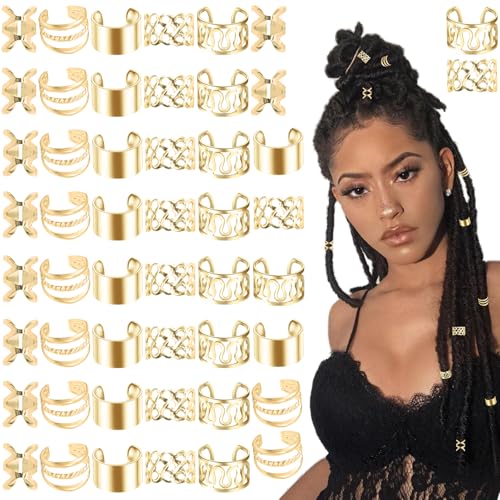 50 Pcs Gold Metal Hair Jewelry for Braids Adjustable Dreadlock Cuffs