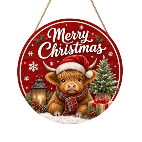 Winter Highland Cow Christmas Sign for Front Door 12x12 Inch Wooden Holiday Decor - Round, Outdoor Indoor Wall Hanging - Variation: Cow, 12"x12"
