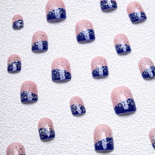 Christmas Press on Nails Square Fake Nails Snowflake Glitter Blue French Tip