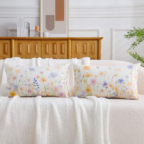 Floral Lumbar Pillow Covers - Set of 2, 12x20 Inch Daisy Design for Sofa & Patio