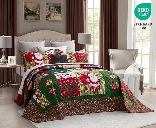 Christmas Oversized King Bedspread with Santa Pattern - Rustic Lodge Quilt Set, 3 Pieces