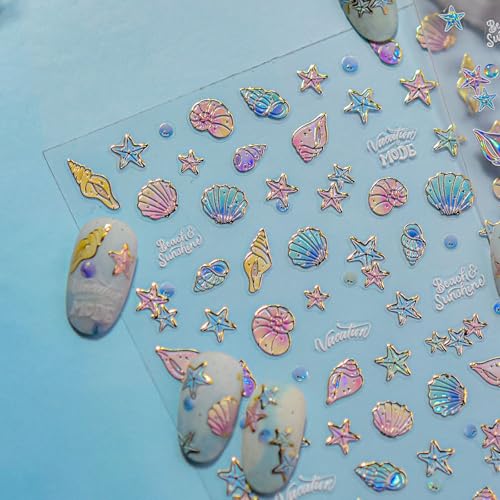 5D Embossed Marine Life Nail Stickers - Shell & Starfish Self-Adhesive Decals