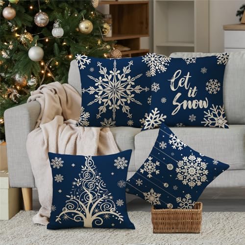 Set of 4 Snowflake Christmas Pillow Covers - Soft Polyester Holiday Decor