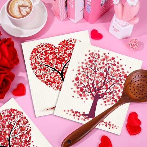 Whaline 6 Pcs Valentine's Day Dishcloths - Heart Tree Design, 7x8 Inch
