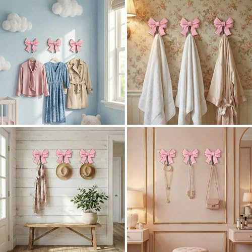 Pink Bow Coat Hooks - 3 Pack Wooden Wall-Mounted Hangers