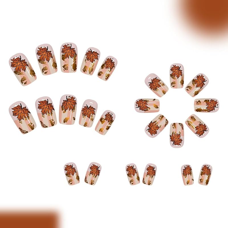 Fall Press on Nails Medium Square Nude Fake Nails with Maple Leaf Design