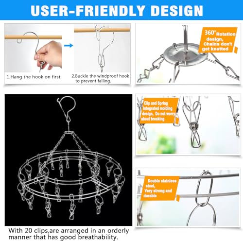 Stainless Steel Sock Drying Rack with 20 Clips, Windproof Laundry Hanger