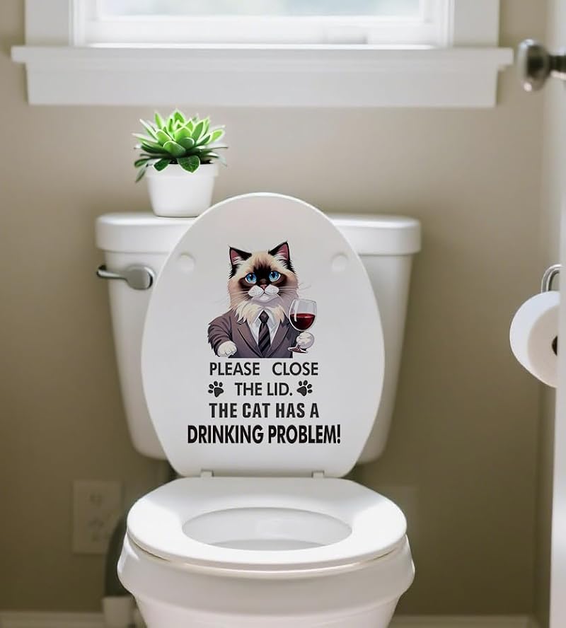 Funny Ragdoll Cat Toilet Lid Decal - Waterproof Vinyl Humor Sticker