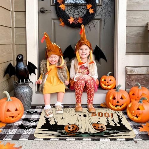 Halloween Doormat with Pumpkins & Ghosts - Non-Slip Rubber Backing, 17x29 Inch