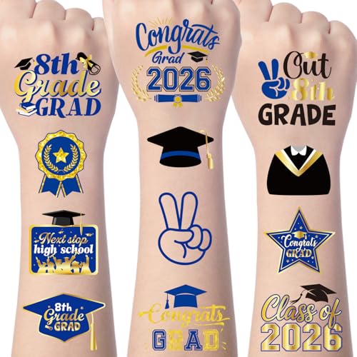 Gameza 8th Grade Graduation Temporary Tattoos 200+ Blue and Gold Favors