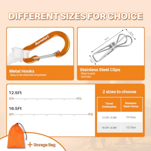 Aurosturt Portable Clothesline, 12.5 FT Travel Laundry Line with 12 Clips