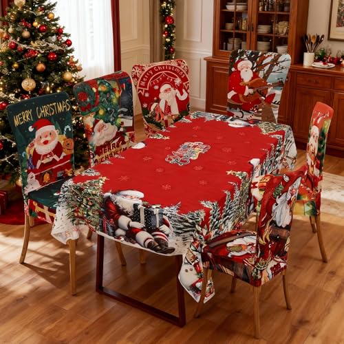 Christmas Tablecloth and Chair Covers Set - Rectangular 80x55 Inch, Red, 7 Pieces - Rectangle / 80 x 55 Inch