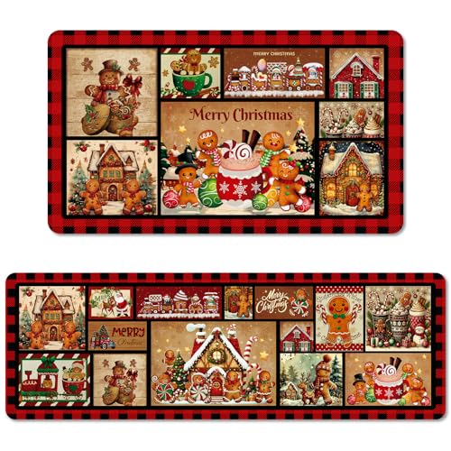 Christmas Kitchen Rugs Set of 2 - Non-Slip Buffalo Plaid & Gingerbread Mats