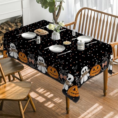 Halloween Tablecloth 60 x 84 Inch Rectangular Jack-O-Lantern Cat Design Black and Orange