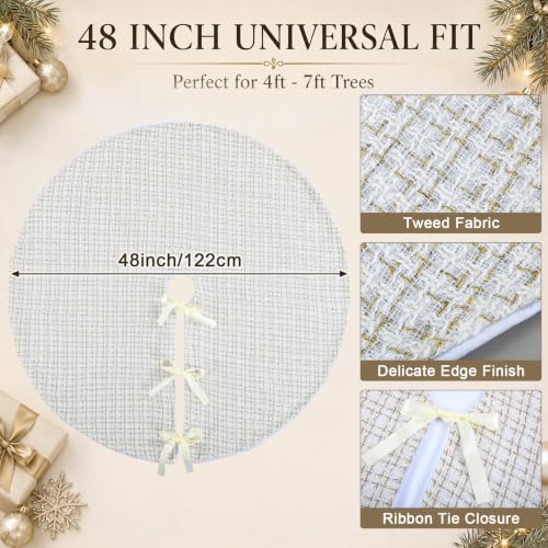 48 Inch White Tweed Christmas Tree Skirt - Farmhouse Holiday Decor