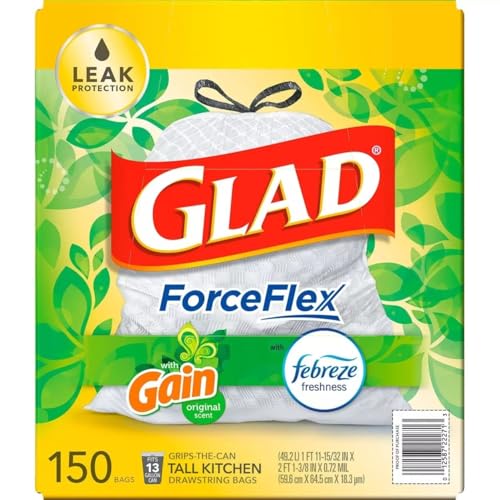 Glad ForceFlex 13 Gallon Drawstring Trash Bags, Gain Scent, 150 Count