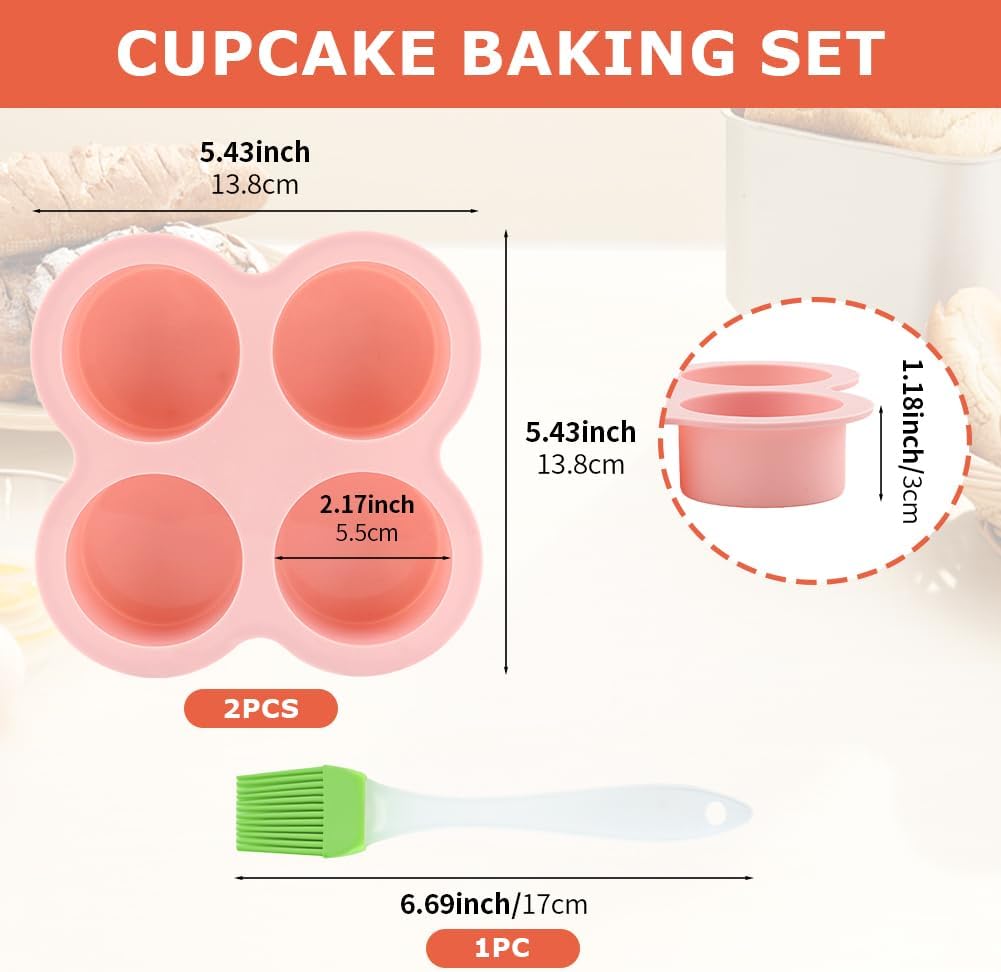 Skiennix Reusable Silicone Air Fryer Egg Mold - Non-Stick 4 Cavity Baking Pan Set | Includes Oil Brush, Pink & Blue