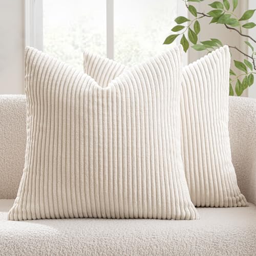 MIULEE 18x18 Cream White Corduroy Throw Pillow Covers - Set of 2