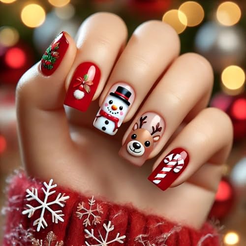 Christmas Press On Nails Medium Square Red Winter Holiday False Nails