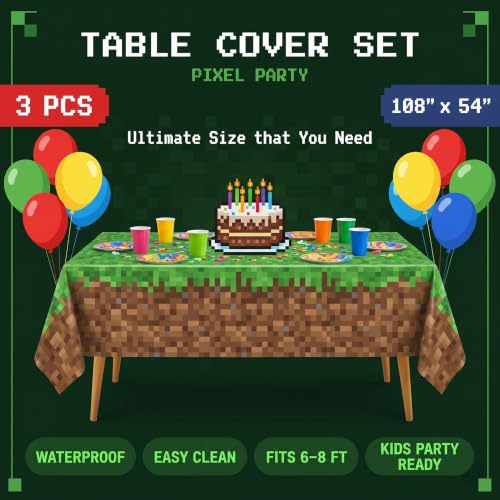 Pixel Gaming Birthday Party Tablecloth Set - 3 Pack with 50 Stickers