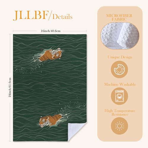 JLLBF Tiger Kitchen Hand Towels - Vintage Japanese Tiger Design, 16x24 Inch, Tiger Lovers Gift, Dark Green, Tiger Variation