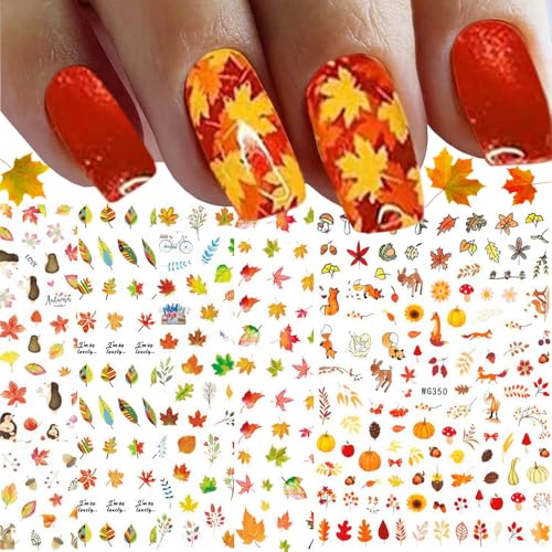 Fall Nail Stickers 3D Self-Adhesive Autumn Maple Leaf Decals 8 Sheets