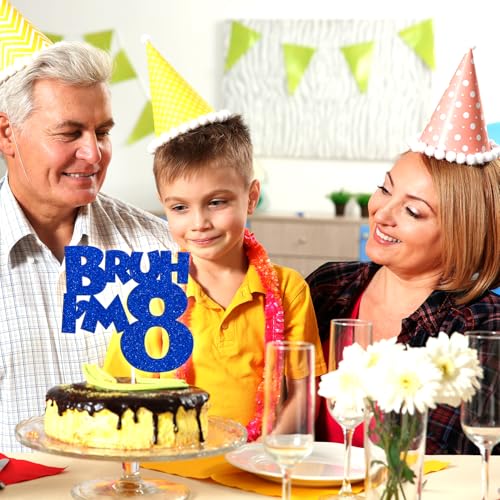 Bruh I'm 8 Cake Topper - Blue Glitter Birthday Decoration
