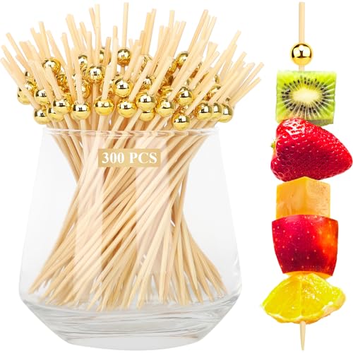 FATLODA 300PCS Gold Pearl Cocktail Picks - Elegant Bamboo Skewers