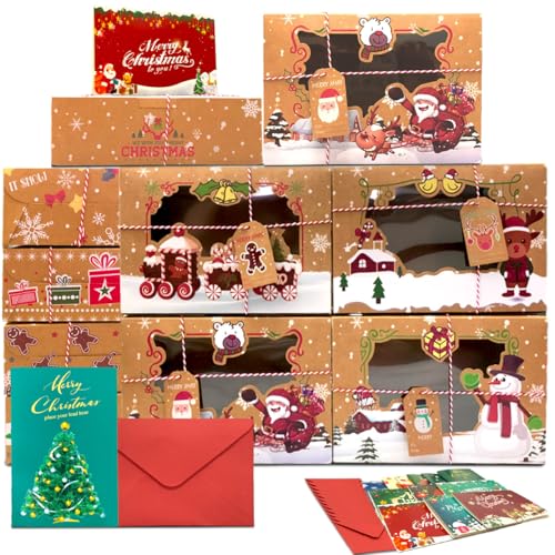 Christmas Cookie Gift Boxes with Window & Greeting Cards - 12 Pack