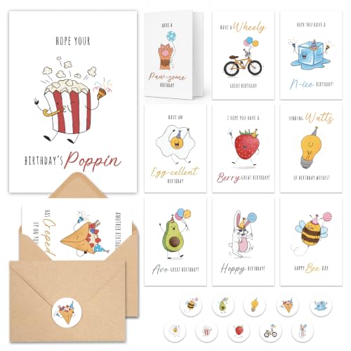 Funny Birthday Cards Bulk Pack - 20 Unique 4x6 Greeting Cards with Envelopes & Stickers