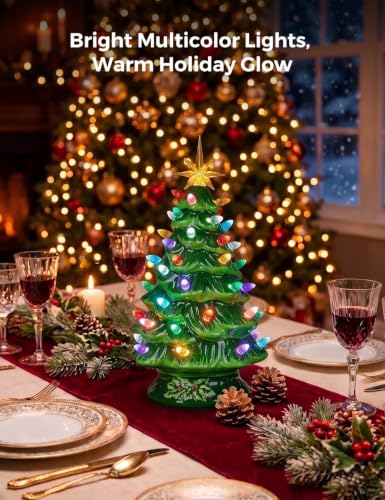 Green Ceramic Christmas Tree 13 Inch Pre-lit Tabletop Holiday Decor - Brightown