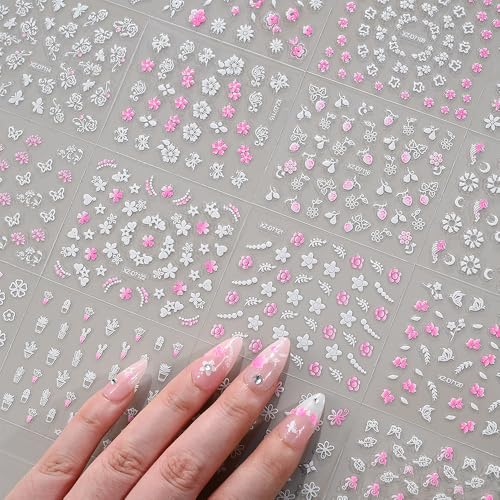 30 Sheet Pink & White Flower Nail Stickers 3D Floral Butterfly Decals