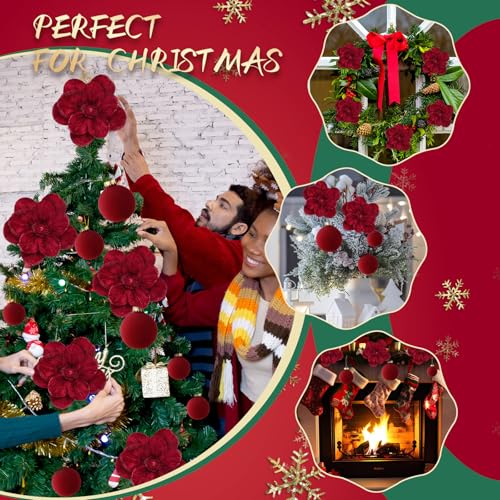 Burgundy Velvet Christmas Tree Decorations Set with Poinsettias & Ornaments