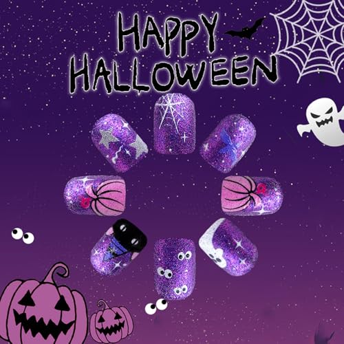 Halloween Press on Nails Short Square False Nails Purple Glitter