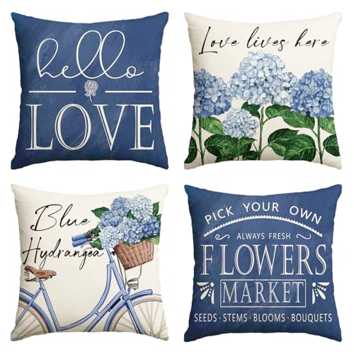 Hello Love Blue Hydrangea Throw Pillow Covers - Set of 4, 18x18