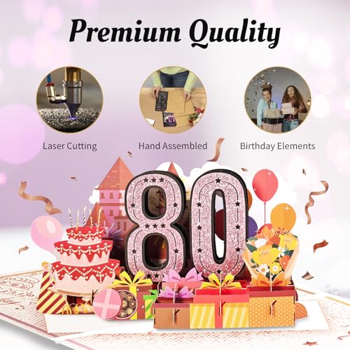 3D Pink Pop-Up 80th Birthday Card for Women - Aiunmiol
