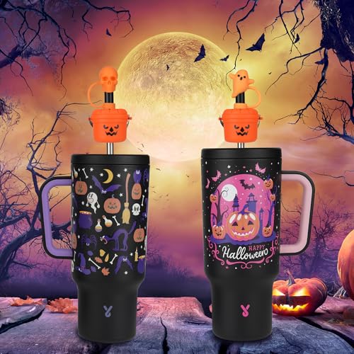 Cute Orange Halloween Bucket Straw Covers for Stanley Cup - Ghost & Skull Toppers for 30 & 40 OZ 10mm Straws