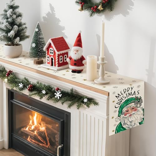 Artscope Christmas Table Runner Santa Claus Snowflakes 13x120 Green