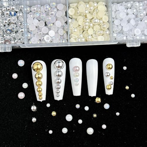 GSHLLO 24 Grid Flatback Pearl Nail Charms and Craft Beads Set