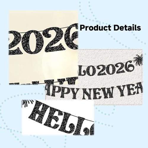 2026 Happy New Year Banner - Black Glitter Party Decoration