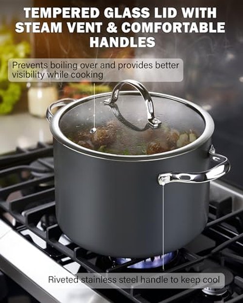 Cooks Standard Stockpot Dutch Oven Casserole with Glass Lid, 8-Quart Classic Hard Anodized Nonstick Soup Pot, Black