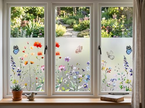 TAMHOO Butterfly Floral Frosted Window Privacy Film 78x17 Inches Removable Static Cling