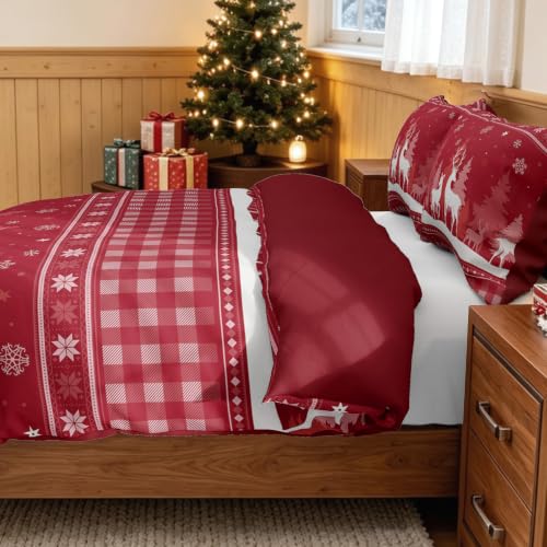 Luxudecor Christmas Bedding Set King Size Reindeer Red Duvet Cover & Pillow Shams